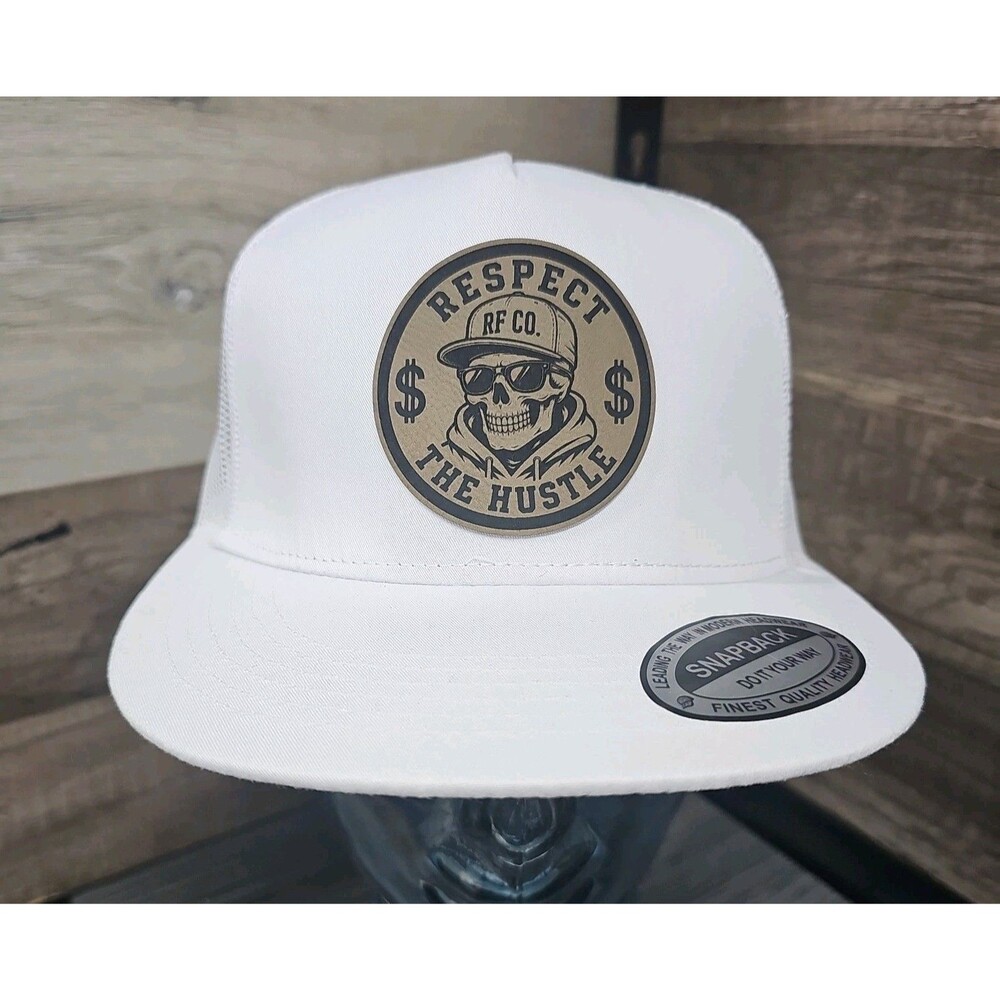 Respect The Hustle Skull Patch White Trucker Snapback Hat Cap